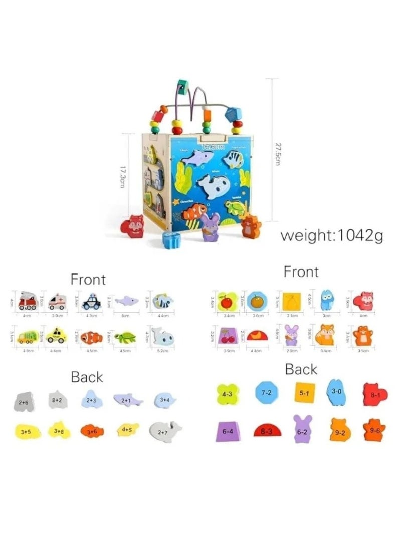 Wooden Montessori Activity Cube with Shape Sorting & Bead Maze – Educational Toy for Kids (36+ Months) Eid Gift - Image 5